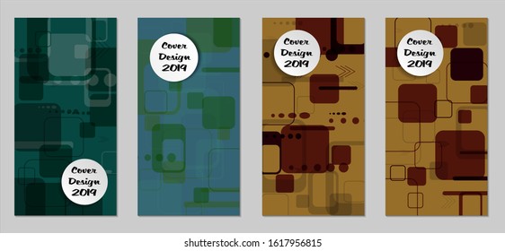 Retro Flyers with Rectangles. Set of Technic Colorful Posters with Colorful Elements. Trendy Vertical Banners with White Form. Sale Brochures. Vacation Ads. Tech Backgrounds.