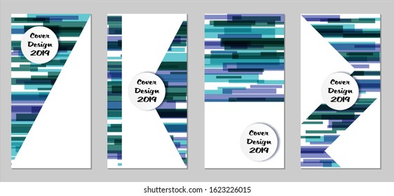 Retro Flyers with Rectangles. Set of Technic Colorful Posters with Blue Elements, Colorful Lines. Festive Vertical Banners with White Form. Sale Brochures. Vacation Ads. Tech Backgrounds.