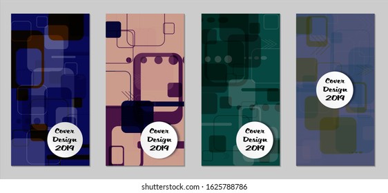 Retro Flyers with Rectangles. Set of Technic Colorful Posters with Colorful Elements. Trendy Vertical Banners with White Form. Sale Brochures. Vacation Ads. Tech Backgrounds.