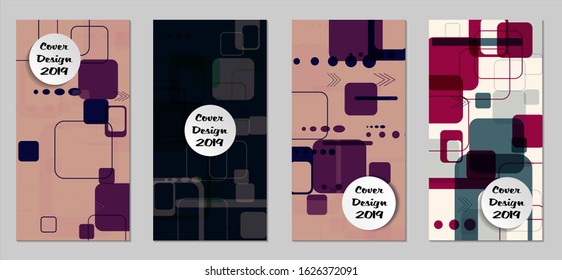 Retro Flyers with Rectangles. Set of Technic Colorful Posters with Colorful Elements. Trendy Vertical Banners with White Form. Sale Brochures. Vacation Ads. Tech Backgrounds.