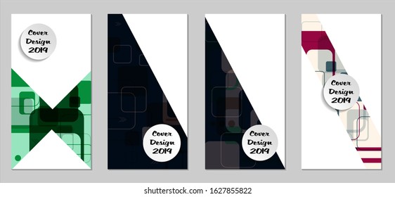 Retro Flyers with Rectangles. Set of Technic Colorful Posters with Colorful Elements. Trendy Vertical Banners with White Form. Sale Brochures. Vacation Ads. Tech Backgrounds.