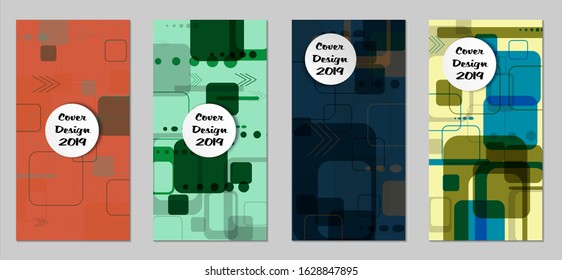 Retro Flyers with Rectangles. Set of Technic Colorful Posters with Colorful Elements. Trendy Vertical Banners with White Form. Sale Brochures. Vacation Ads. Tech Backgrounds.
