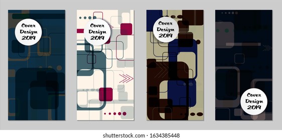 Retro Flyers with Rectangles. Set of Technic Colorful Posters with Colorful Elements. Trendy Vertical Banners with White Form. Sale Brochures. Vacation Ads. Tech Backgrounds.