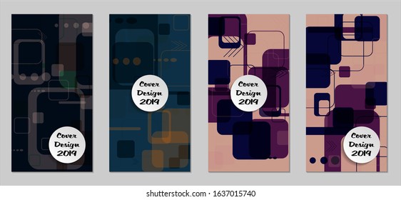 Retro Flyers with Rectangles. Set of Technic Colorful Posters with Colorful Elements. Trendy Vertical Banners with White Form. Sale Brochures. Vacation Ads. Tech Backgrounds.