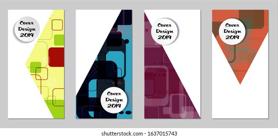 Retro Flyers with Rectangles. Set of Technic Colorful Posters with Colorful Elements. Trendy Vertical Banners with White Form. Sale Brochures. Vacation Ads. Tech Backgrounds.