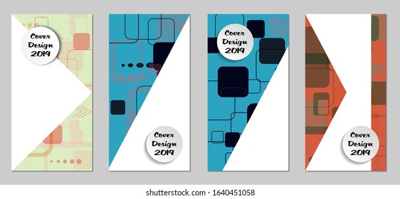 Retro Flyers with Rectangles. Set of Technic Colorful Posters with Colorful Elements. Trendy Vertical Banners with White Form. Sale Brochures. Vacation Ads. Tech Backgrounds.
