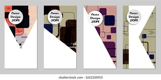Retro Flyers with Rectangles. Set of Technic Colorful Posters with Colorful Elements. Trendy Vertical Banners with White Form. Sale Brochures. Vacation Ads. Tech Backgrounds.