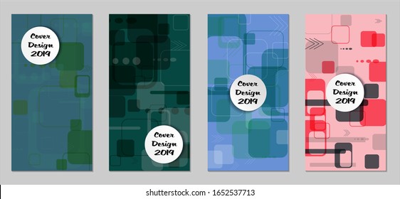 Retro Flyers with Rectangles. Set of Technic Colorful Posters with Colorful Elements. Trendy Vertical Banners with White Form. Sale Brochures. Vacation Ads. Tech Backgrounds.