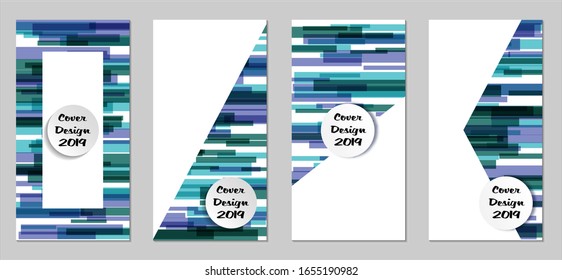 Retro Flyers with Rectangles. Set of Technic Colorful Posters with Blue Elements, Colorful Lines. Festive Vertical Banners with White Form. Sale Brochures. Vacation Ads. Tech Backgrounds.