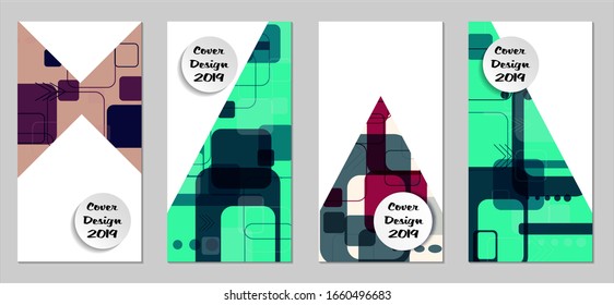 Retro Flyers with Rectangles. Set of Technic Colorful Posters with Colorful Elements. Trendy Vertical Banners with White Form. Sale Brochures. Vacation Ads. Tech Backgrounds.