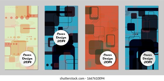Retro Flyers with Rectangles. Set of Technic Colorful Posters with Colorful Elements. Trendy Vertical Banners with White Form. Sale Brochures. Vacation Ads. Tech Backgrounds.
