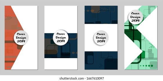 Retro Flyers with Rectangles. Set of Technic Colorful Posters with Colorful Elements. Trendy Vertical Banners with White Form. Sale Brochures. Vacation Ads. Tech Backgrounds.