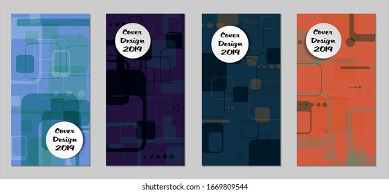 Retro Flyers with Rectangles. Set of Technic Colorful Posters with Colorful Elements. Trendy Vertical Banners with White Form. Sale Brochures. Vacation Ads. Tech Backgrounds.