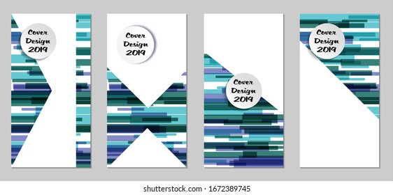 Retro Flyers with Rectangles. Set of Technic Colorful Posters with Blue Elements, Colorful Lines. Festive Vertical Banners with White Form. Sale Brochures. Vacation Ads. Tech Backgrounds.