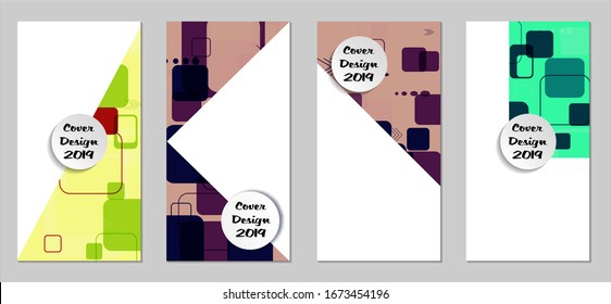 Retro Flyers with Rectangles. Set of Technic Colorful Posters with Colorful Elements. Trendy Vertical Banners with White Form. Sale Brochures. Vacation Ads. Tech Backgrounds.