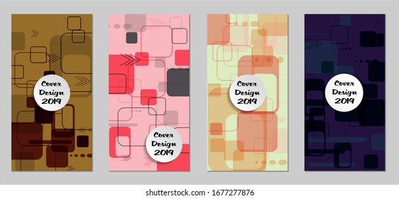 Retro Flyers with Rectangles. Set of Technic Colorful Posters with Colorful Elements. Trendy Vertical Banners with White Form. Sale Brochures. Vacation Ads. Tech Backgrounds.