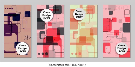 Retro Flyers with Rectangles. Set of Technic Colorful Posters with Colorful Elements. Trendy Vertical Banners with White Form. Sale Brochures. Vacation Ads. Tech Backgrounds.