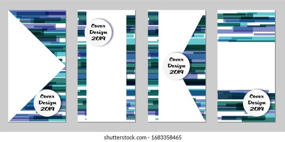 Retro Flyers with Rectangles. Set of Technic Colorful Posters with Blue Elements, Colorful Lines. Festive Vertical Banners with White Form. Sale Brochures. Vacation Ads. Tech Backgrounds.