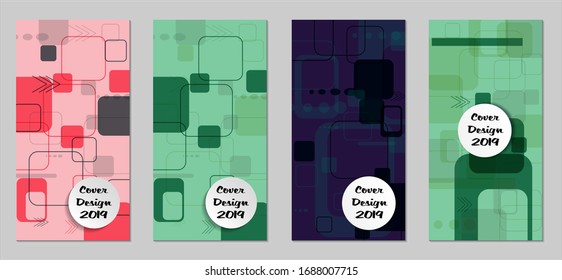 Retro Flyers with Rectangles. Set of Technic Colorful Posters with Colorful Elements. Trendy Vertical Banners with White Form. Sale Brochures. Vacation Ads. Tech Backgrounds.