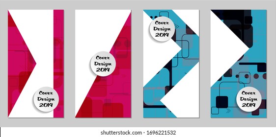 Retro Flyers with Rectangles. Set of Technic Colorful Posters with Colorful Elements. Trendy Vertical Banners with White Form. Sale Brochures. Vacation Ads. Tech Backgrounds.