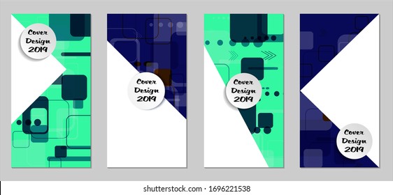 Retro Flyers with Rectangles. Set of Technic Colorful Posters with Colorful Elements. Trendy Vertical Banners with White Form. Sale Brochures. Vacation Ads. Tech Backgrounds.