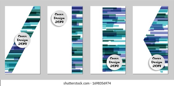 Retro Flyers with Rectangles. Set of Technic Colorful Posters with Blue Elements, Colorful Lines. Festive Vertical Banners with White Form. Sale Brochures. Vacation Ads. Tech Backgrounds.