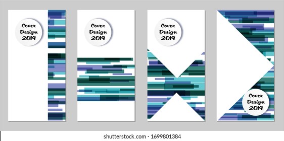Retro Flyers with Rectangles. Set of Technic Colorful Posters with Blue Elements, Colorful Lines. Festive Vertical Banners with White Form. Sale Brochures. Vacation Ads. Tech Backgrounds.