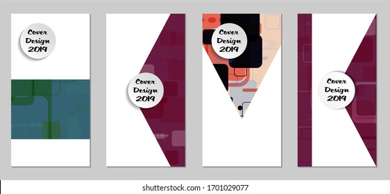 Retro Flyers with Rectangles. Set of Technic Colorful Posters with Colorful Elements. Trendy Vertical Banners with White Form. Sale Brochures. Vacation Ads. Tech Backgrounds.