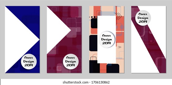 Retro Flyers with Rectangles. Set of Technic Colorful Posters with Colorful Elements. Trendy Vertical Banners with White Form. Sale Brochures. Vacation Ads. Tech Backgrounds.