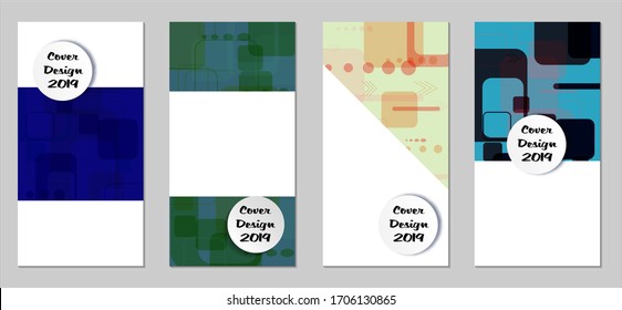 Retro Flyers with Rectangles. Set of Technic Colorful Posters with Colorful Elements. Trendy Vertical Banners with White Form. Sale Brochures. Vacation Ads. Tech Backgrounds.