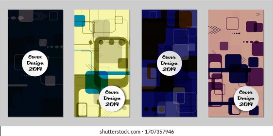 Retro Flyers with Rectangles. Set of Technic Colorful Posters with Colorful Elements. Trendy Vertical Banners with White Form. Sale Brochures. Vacation Ads. Tech Backgrounds.