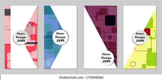 Retro Flyers with Rectangles. Set of Technic Colorful Posters with Colorful Elements. Trendy Vertical Banners with White Form. Sale Brochures. Vacation Ads. Tech Backgrounds.