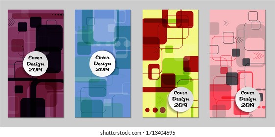 Retro Flyers with Rectangles. Set of Technic Colorful Posters with Colorful Elements. Trendy Vertical Banners with White Form. Sale Brochures. Vacation Ads. Tech Backgrounds.