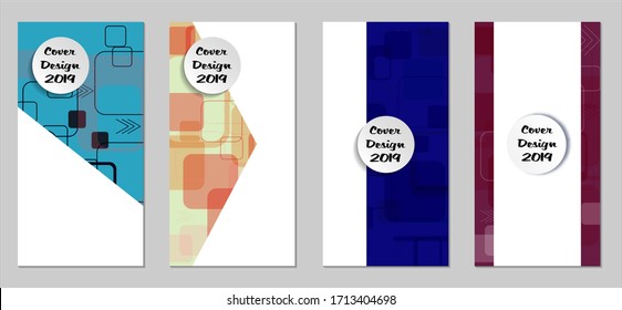 Retro Flyers with Rectangles. Set of Technic Colorful Posters with Colorful Elements. Trendy Vertical Banners with White Form. Sale Brochures. Vacation Ads. Tech Backgrounds.