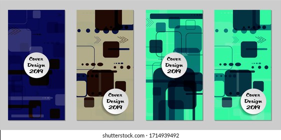 Retro Flyers with Rectangles. Set of Technic Colorful Posters with Colorful Elements. Trendy Vertical Banners with White Form. Sale Brochures. Vacation Ads. Tech Backgrounds.