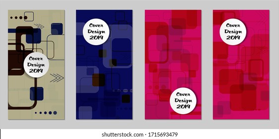 Volantes Retro con Rectángulos. Juego de carteles técnicos coloridos con elementos coloridos. Banners verticales de moda con forma blanca. Folletos de venta. Anuncios de vacaciones. Fondos tecnológicos.