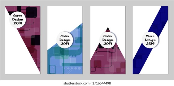 Retro Flyers with Rectangles. Set of Technic Colorful Posters with Colorful Elements. Trendy Vertical Banners with White Form. Sale Brochures. Vacation Ads. Tech Backgrounds.