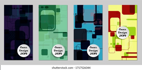 Retro Flyers with Rectangles. Set of Technic Colorful Posters with Colorful Elements. Trendy Vertical Banners with White Form. Sale Brochures. Vacation Ads. Tech Backgrounds.