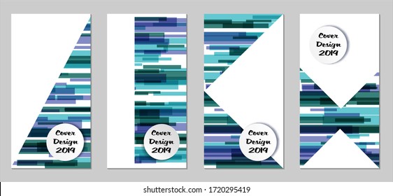 Retro Flyers with Rectangles. Set of Technic Colorful Posters with Blue Elements, Colorful Lines. Festive Vertical Banners with White Form. Sale Brochures. Vacation Ads. Tech Backgrounds.