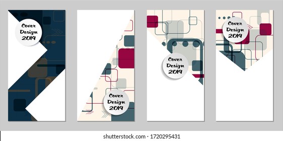 Retro Flyers with Rectangles. Set of Technic Colorful Posters with Colorful Elements. Trendy Vertical Banners with White Form. Sale Brochures. Vacation Ads. Tech Backgrounds.