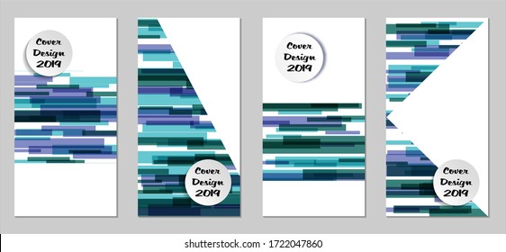 Retro Flyers with Rectangles. Set of Technic Colorful Posters with Blue Elements, Colorful Lines. Festive Vertical Banners with White Form. Sale Brochures. Vacation Ads. Tech Backgrounds.