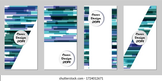 Retro Flyers with Rectangles. Set of Technic Colorful Posters with Blue Elements, Colorful Lines. Festive Vertical Banners with White Form. Sale Brochures. Vacation Ads. Tech Backgrounds.