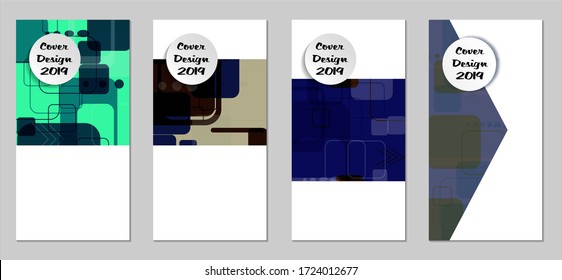 Retro Flyers with Rectangles. Set of Technic Colorful Posters with Colorful Elements. Trendy Vertical Banners with White Form. Sale Brochures. Vacation Ads. Tech Backgrounds.