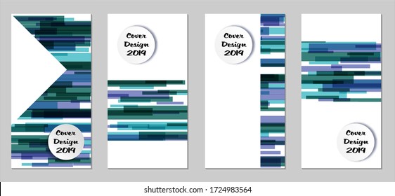 Volantes Retro con Rectángulos. Conjunto de pósters técnicos coloridos con elementos azules, líneas coloridas. Banderas verticales festivas con forma blanca. Folletos de venta. Anuncios de vacaciones. Fondos tecnológicos.