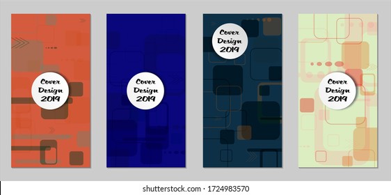 Retro Flyers with Rectangles. Set of Technic Colorful Posters with Colorful Elements. Trendy Vertical Banners with White Form. Sale Brochures. Vacation Ads. Tech Backgrounds.