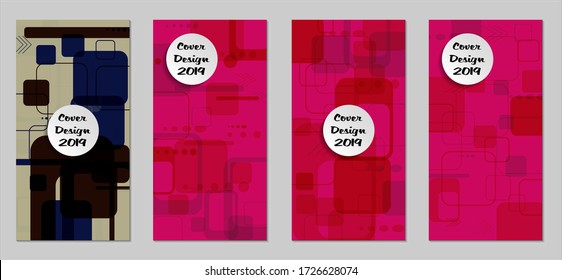 Retro Flyers with Rectangles. Set of Technic Colorful Posters with Colorful Elements. Trendy Vertical Banners with White Form. Sale Brochures. Vacation Ads. Tech Backgrounds.