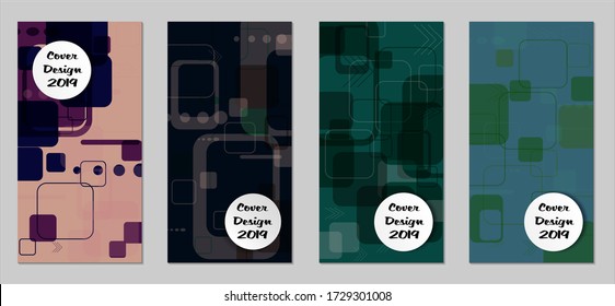 Retro Flyers with Rectangles. Set of Technic Colorful Posters with Colorful Elements. Trendy Vertical Banners with White Form. Sale Brochures. Vacation Ads. Tech Backgrounds.