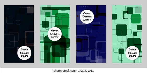 Retro Flyers with Rectangles. Set of Technic Colorful Posters with Colorful Elements. Trendy Vertical Banners with White Form. Sale Brochures. Vacation Ads. Tech Backgrounds.