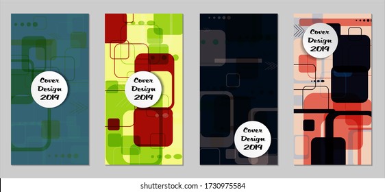 Retro Flyers with Rectangles. Set of Technic Colorful Posters with Colorful Elements. Trendy Vertical Banners with White Form. Sale Brochures. Vacation Ads. Tech Backgrounds.