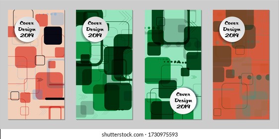 Retro Flyers with Rectangles. Set of Technic Colorful Posters with Colorful Elements. Trendy Vertical Banners with White Form. Sale Brochures. Vacation Ads. Tech Backgrounds.